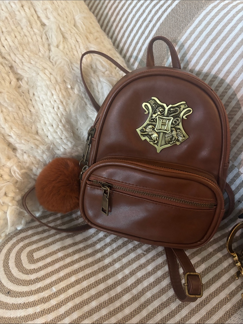 Brown Mini Backpack with Hogwarts Crest - Women's Leatherette Backpack